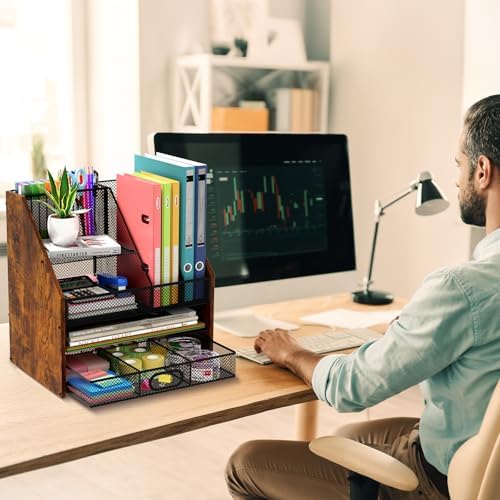 Homsorout Wooden Desk Organizer - Mesh File Organizer with Drawers and Pen Holder - 4-Tier Vertical Paper Letter Storage Tray, Desktop Organizers and Accessories for Home Office - Image 3