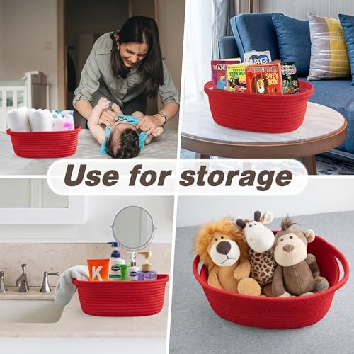 Pro Goleem Small Woven Basket with Gift Bags and Ribbons Durable Baskets for Gifts Empty Small Rope Basket for Storage 12"X 8" X 5" Baby Toy Basket with Handles, Red - Image 5
