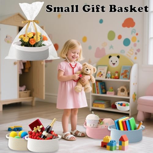 Woven Rope Basket - Baby Gift Basket with Bag & Ribbon, White&Grey - Image 4