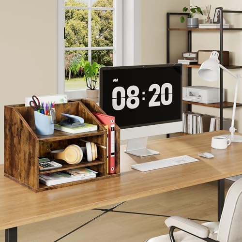 CHOEZON Wooden Desk Organizer with Adjustable Partitions, Multi-Layer Desktop File Holder for Home Office, Paper & Stationery Storage Organizer, Rustic Brown MWJ04FG - Image 3