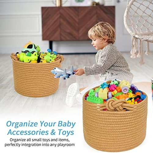 ABenkle Small Woven Basket, Cotton Rope Shelf Storage Basket, Small Round Basket, Cute Basket, Decorative Round Bin for Nursery Bedroom Bathroom, 9.4" x 9.4"x 7.1" Empty Gift Basket- Brown - Image 4