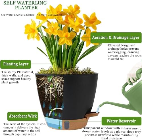 Self Watering Pots for Inoor Ourdoor Plants 8/7/6.5/6/5" Plastic Planters - Image 3
