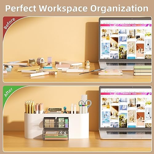 Marbrasse Desk Organizer Pen Holder for Desk with 3 Drawers, Multi-Functional Pencil Holder, Desk Organizers and Accessories with 7 Compartments for Home, School, Classroom(White) - Image 7