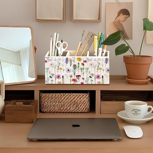Floral Pen Pencil Holder for Desk Accessories, Cottagecore Colorful Wildflower Botanical Wooden Box Sign Decorations for Girls Room Bedroom Dorm Home Office Desk Tabletop - Image 3