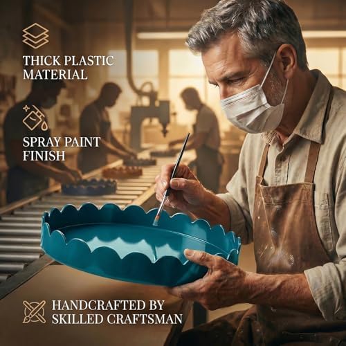 Gesodant 13" Round Scalloped Tray for Coffee Table Decor & Centerpiece, Glossy Lacquer Style Serving Tray for Ottoman, Vanity & Entryway, Modern Waterproof Catchall Tray (Deep Teal) - Image 6