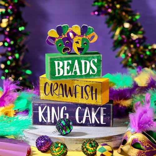 Moucuny 4 Pcs Mardi Gras Wooden Block Signs Farmhouse Table Decoration - Image 6