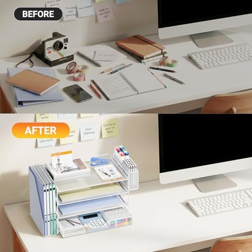4-Tier Desk File Organizer with Drawer & Pen Holder (White) - Image 2