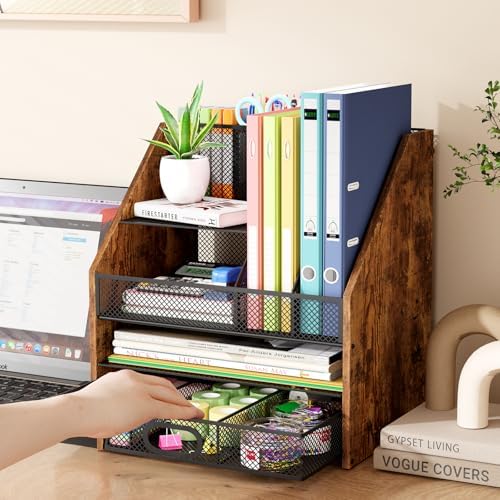 Homsorout Wooden Desk Organizer - Mesh File Organizer with Drawers and Pen Holder - 4-Tier Vertical Paper Letter Storage Tray, Desktop Organizers and Accessories for Home Office - Image 2