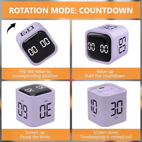 GuDoQi Multi-Function Cube Timer, 5/10/30/60 Min & Custom Count Down, Included Pause & Resume Feature, Silent, Vibrate & Adjustable Sound Alarm for Productivity in Tasks, Study & Kitchen, Purple - Image 3