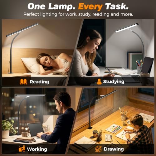 Airlonv LED Desk Lamp with Clamp, 17" Stepless Dimming Light, Black - Image 5