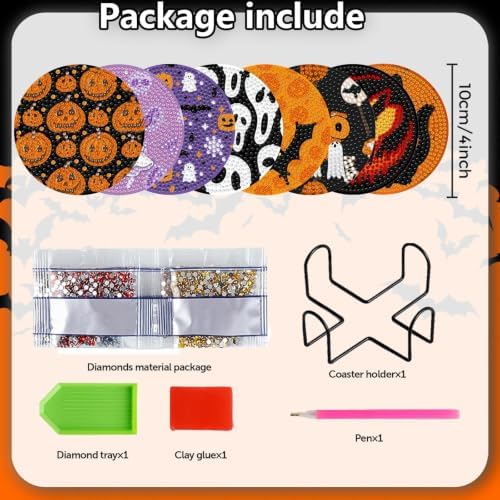 8 Pack Halloween Diamond Art Painting Coasters with Display Holder DIY Kit - Image 2