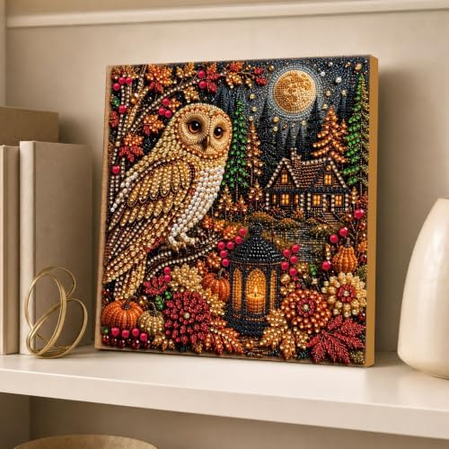DIY Pearl Painting Kit for Adults, Autumn Owl Fall Art with Wood Frame, 20x20cm Self-Adhesive Pearl Diamond Craft, Autumn Wall Decor Gift for Women, Beginners Relaxing Hobby Kit - Image 3