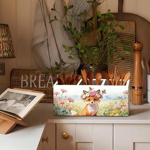 Fox Pen Pencil Holder for Desk Accessories, Fox Gifts for Women, Animal Lovers Gifts, Rustic Butterfly Flower Wild Animal Wooden Box Sign Decorations for Kids Room Home Office Desk Tabletop - Image 6