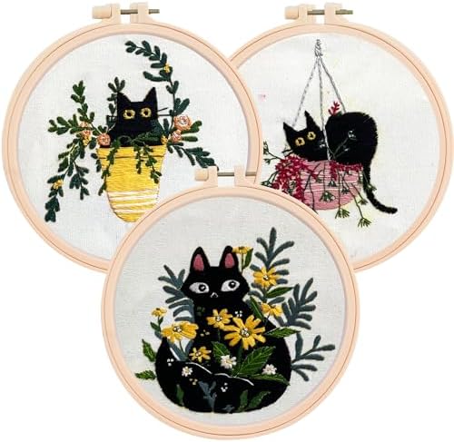 The ZenStore Embroidery Kit for Beginners – Black Cats & Kittens 3 Pattern Set – Complete DIY Needlepoint Kit with Hoops, Thread, Fabric, and Tools – Cute Animal Cat Embroidery Gift by FindYourZen