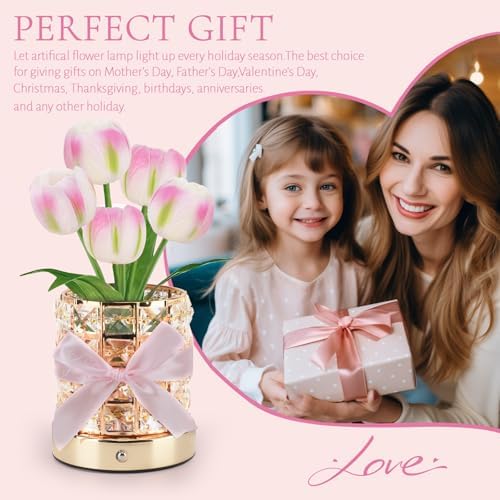 Tulip Flower Lamps, Rechargeable Cordless Small Desk Lamp, 3 Colors Dimmable Artificial Flowers Night Light, Fake Bouquet 5 Tulip with Crystal Vase for Home Date Party Decoration (Tulip-Pink) - Image 6