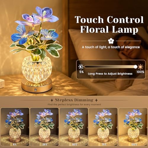 Flower Table Lamp, 3 Colors Touch Stepless Dimming Orchid Night Light, Rechargeable Artificial Flower Light, LED Flower with Vase Lamp Romantic Decor for Date Party Home (Purple - Cymbidium) - Image 2