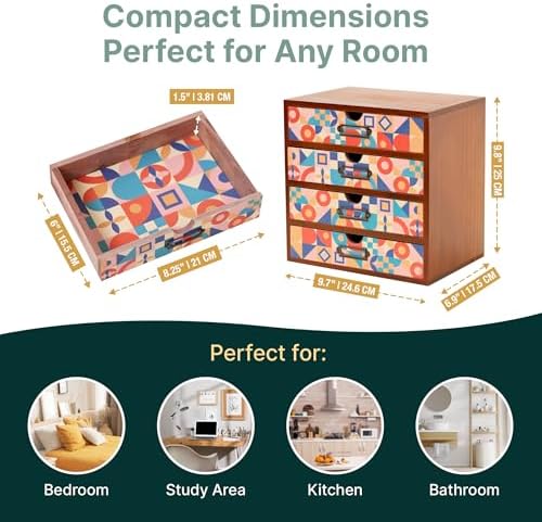 Add Color To Your Desk - MCM Geometric Wooden Desk Organizer - Desktop Storage with 4-Drawer - Wood Cabinet for Office Supplies, Craft Tools, & Home, Countertop, Tabletop Organization - Image 2