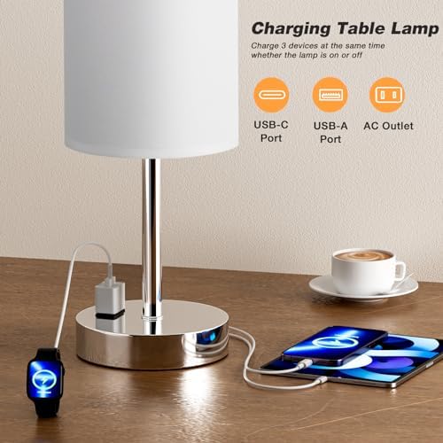 Fenmzee 17.4" White Lamp for Bedroom - Dimmable Touch, USB A+C, AC Outlet - Image 5