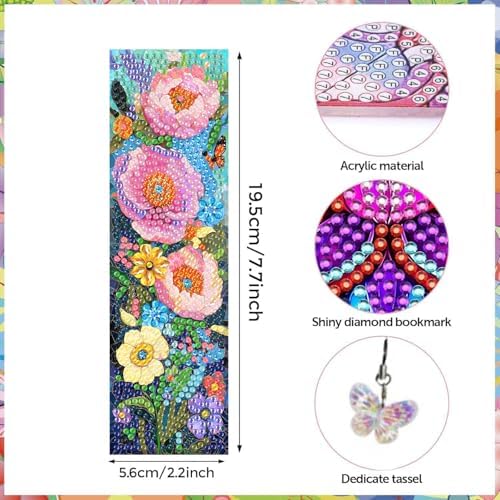 Puraikcmi 6 PCS 5D DIY Diamond Art Bookmarks,Butterflies and Flowers Diamond Painting Bookmarks Kits with Tassels Acrylic, Rhinestone Crafts Decoration Gift Set for Book Lovers Beginners & Adults - Image 3