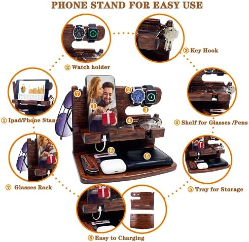 VEIYAILU Gifts for Men Women Dad Husband Son Boyfriend Him Desk or Nightstand Organizer Birthday Gifts Wood Phone Docking Station Anniversary Idea from Wife - Key Holder, Watch (Dark Brown) - Image 4