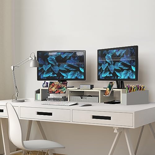 Simple Houseware Desk Dual Monitor Stand Riser with Drawer, Maple - Image 5