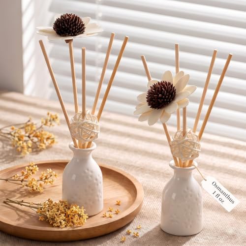 2PCS Osmanthus Reed Diffuser Set,1 fl oz Ceramic Bottle with 5 Sticks & Sunflower Rattan Ball Decor, Plant-Based Non-Toxic Essential Oil, Long-Lasting Home Fragrance for Bedroom Bathroom by WOHSEROM