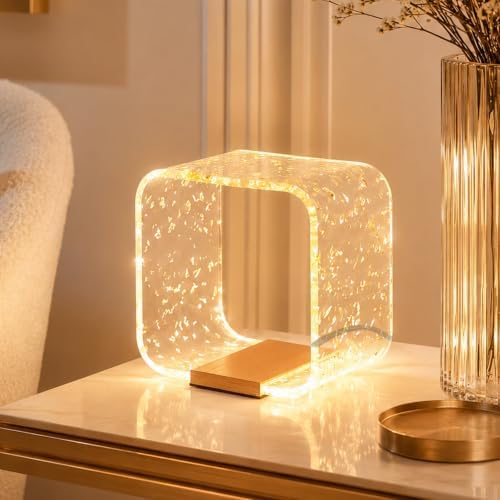 LED Small Table Lamp, Modern Minimalist Square Hollow Acrylic Nightstand Lamp, Warm Plug-in Desk Lamp for Bedroom Living Room Home Decor by Unknown