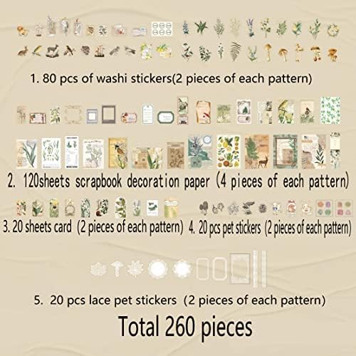 Alideco 260pcs Vintage Scrapbook Supplies Pack for Art Journaling Bullet Junk Journal Planners DIY Paper Stickers Craft Kits Notebook Collage Album Aesthetic Cottagecore Picture Frames (Animals)