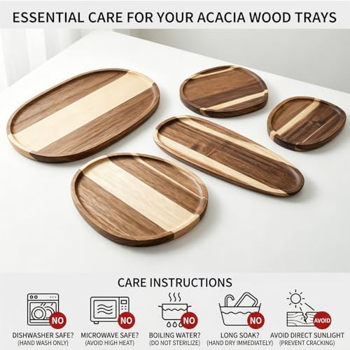 Okllen Set of 5 Small Acacia Wood Serving Platter and Trays, Irregular Oval Solid Wood Plates Serving Tray, Lightweight Wood Dinner Plates for Breakfast, Coffee, Tea, Snack, 6.3~11.7" L, 5.1~8.2" W - Image 4