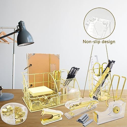 Office Desk Organizers, Gold 13PCS Office Supplies and Accessories Desk Organizer, Acrylic Stapler, Staple Remover, Clips, Scissor, Phone Holder, Pen, Pen Holder - Image 6
