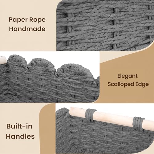 iEGrow Paper Rope Small Storage Baskets for Organizing, Set of 2 Scalloped Edge Wicker Basket with Wooden Handles Toilet Paper Basket for Over Toilet Storage Shelf, Home Decor, Living Room (Grey) - Image 5