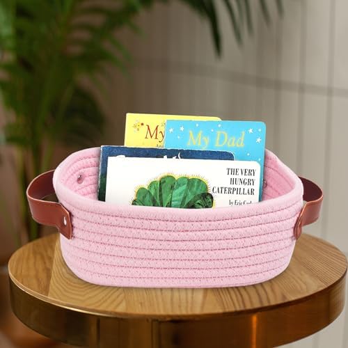 ABenkle Small Storage Basket, Mini Rope Woven Baskets, Cute Shelf Closet Storage Organizer, Boho Decorative Toy Bin for Nursery, Living Room, Spa, Empty Gift Basket - XS, Pink - Image 3