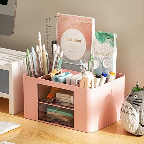 Marbrasse Pen Organizer with 2 Drawer, Multi-Functional Pencil Holder for Desk, Desk Organizers and Accessories with 5 Compartments + Drawer for Office Art Supplies (Pink) - Image 3