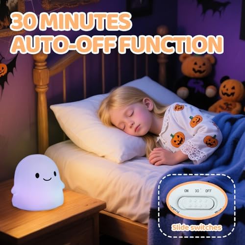 Rytinazzz Halloween Ghost Night Light, Color-Changing & 50-Hour Battery, Spooky-Cute Squishy Lamp for Kids, USB Rechargeable with Timer, Halloween Decor & Gifts - Image 3