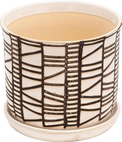 Set of 2 Geometric Decorative Ceramic Planter Pots with Saucer – Stoneware Outdoor & Indoor Plant Pots with Drainage – Modern Garden & Home Decor Ceramic Planters – 6" & 8", Ivory - Image 4