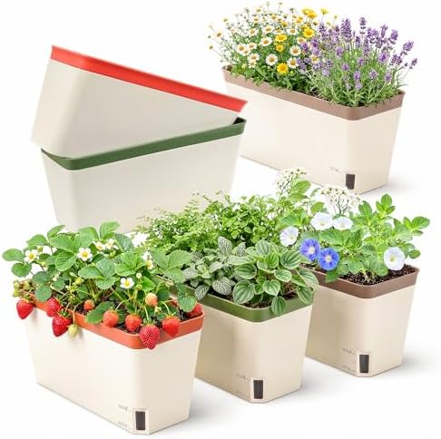 OurWarm Self Watering Pots for Indoor Plants, 6 Pack 10.5 Inch Plastic Window Herb Planter Box with Water Level Indicator, Modern Decorative Windowsill Planters for Herbs, Flowers, Seedlings by OurWarm