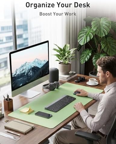 Aothia Faux Leather Desk Mat - Non-Slip PU Leather Desk Blotter, Waterproof Writing Surface, Large Desk Pad for Office & Home (Foam Green, 55" x 24") - Image 3