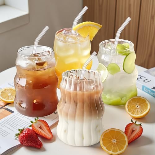 Ribbed Glass Cups Set of 4: 18OZ Vintage Aesthetic Iced Coffee Glasses with Straws, Cute Drinking Glasses with Wave Shape Design, Matcha Glass Cup Bubble Cups for Juice, Tea, Beverage, Gift by UHAPEER