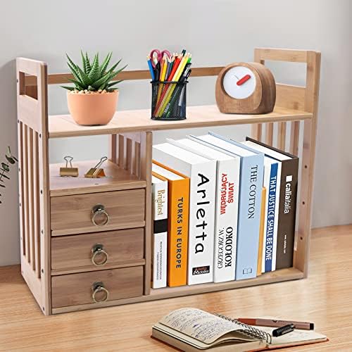 Desktop Bookshelf, 19.7" Desktop Organizer Shelf Desk Hutch for Computer Desk 2 Tier Desk Shelf Multifunctional Freestanding Storage Rack Display Shelf with 3 Drawers for Home Office - Image 2