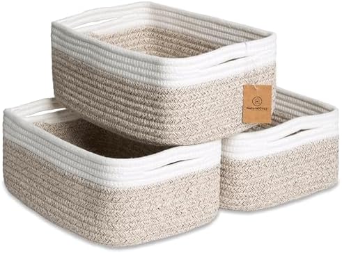 NaturalCozy 11.8"x8"x4.5” Storage Baskets for Shelves 3 Pack | Cotton Rope Woven Small Baskets for Organizing | Small Storage Bins for Nursery, Bathroom, Closet, Cube Shelf, Decorative, Gift Basket by NaturalCozy