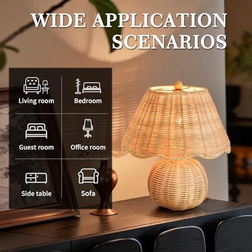 Rattan Small Bedside Mini Table Lamp for Bedroom,Boho Bedroom Lamps for Nightstand, Wicker Mini Table Lamps for Small Spaces with Scalloped Shade for Kitchen Counter, Bookshelf, Kids Dorm, Office - Image 3