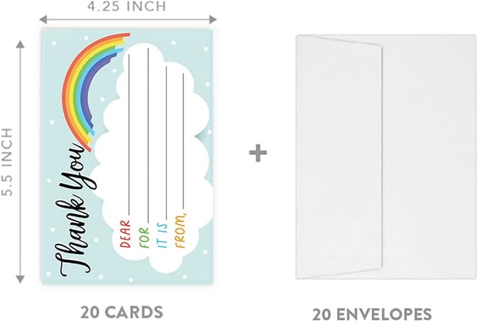 Andaz Press Kids Fill in the Blank Thank You Cards 20 Cards Including Envelopes Rainbows and Clouds Gender Neutral Note Cards For Boys Girls Birthday Thank You Notes for Friends Family Party Guests