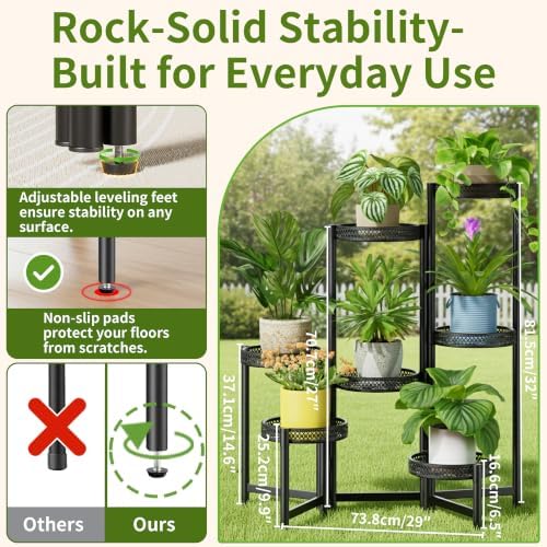 7 Tier Large Metal Plant Stand Indoor Outdoor with 7.9 Inch Wide Tray, Tiered Corner Plant Stand, Flower Display Holder Shelf, Folding Tall Rack for Patio Porch Balcony Living Room Garden - BlackWave - Image 3