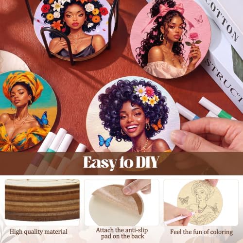 Reallnaive 45 Pcs Wooden Coasters Painting Set with Markers 4 Inch Boho Drink Coaster Gift Arts and Crafts DIY Kit for Adults, Women, Hobby, Ornament Home Apartment Decor (Character) - Image 3