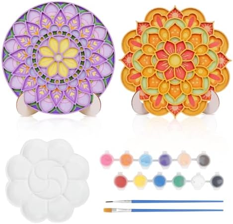 Temlum 2pcs Wooden Painting Crafts Kit for Adults, Mandala Wood Art by TEMLUM