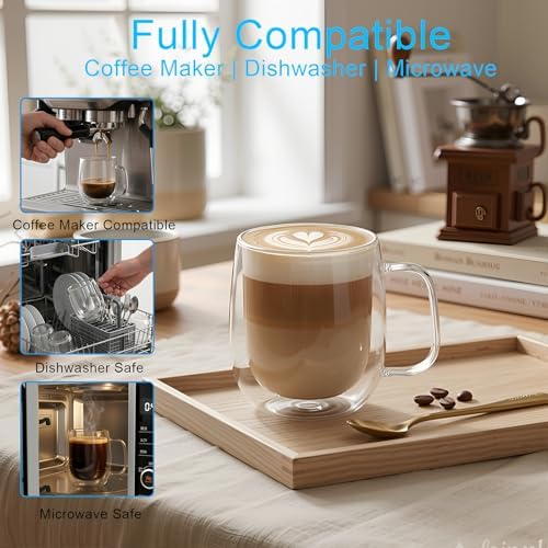 Roran Double Wall Glass Coffee Mugs, Clear Borosilicate Glass with Handle, 14.2oz, 2 Piece Set, High-Heat Resistant - Image 5