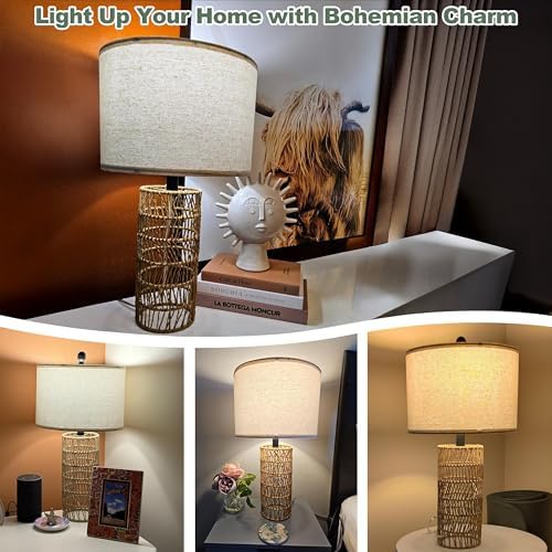 OYEARS 22.5" Boho Table Lamps Set of 2 for Living Room, Bedside Lamp for Nightstands, Rattan Lamp for Bedroom, Farmhouse Table Lamp for Room Decor, End Table, Retro, Brown（Not Include Bulbs） - Image 4