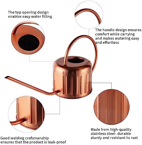 34oz/1L Stainless Steel Watering Can - Indoor/Outdoor Plant Watering Can with Long Spout, Rust-Proof for Succulents, Houseplants, Garden - Modern Minimalist Design (Copper Color) - Image 2