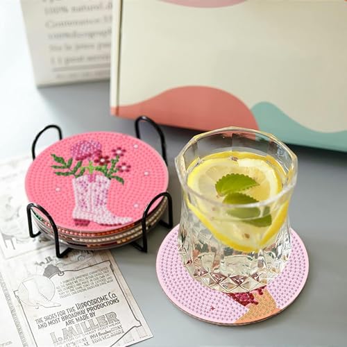 8 Pcs Diamond Art Coasters with Holder, Pink Cute Diamond Painting Kits for Adults Beginners, Non-Slip Gem Art Coasters for Home Decor Gift - Image 4