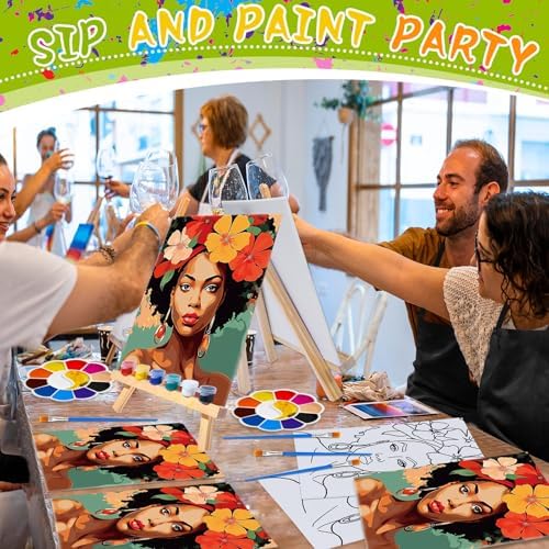 Motipuns 6 Set Pre Drawn Canvas for Painting for Adults Sip and Paint Kit with Easels 8 x 10 Inches Paint Party Kit with Printed Canvas Paints Brushes Palette Apron(Beauty and Flowers) - Image 5